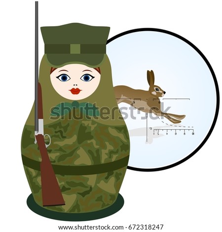 Russian nesting doll hunter on a background of sniper scope and a running hare. The illustration on a white background.