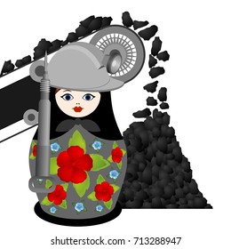 Russian nesting doll with a jackhammer on the background of the coal conveyor. The illustration on a white background.