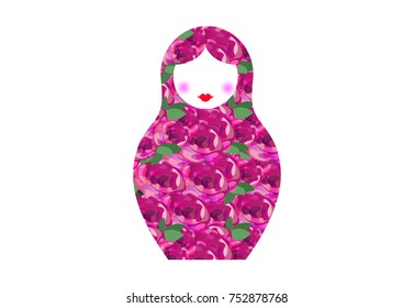 Russian nesting doll matrioshka, icon multi pink symbol of Russia with floral decoration, vector isolated  or white background