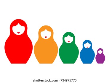 Russian nesting doll matrioshka, set colorful  icon symbol of Russia, vector isolated or white background