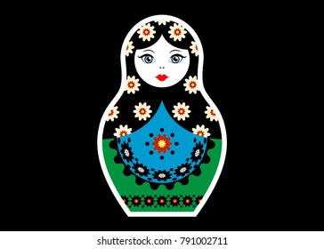 Russian nesting doll matrioshka, sticker icon symbol of Russia, vector isolated or black background