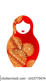 Russian nesting doll Matryoshka, icon Luxury red Russian doll with golden mandala ornament. Vector illustration, isolated. Template for greeting card, invitation, bookmark and label concept background