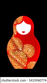 Russian nesting doll matryoshka, icon Luxury red Russian doll with golden mandala ornament. Indian woman sari style. Template for greeting card, invitation, bookmark and label concept background