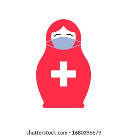 Russian nesting doll matryoshka in mask vector illustration. Funny virus protection in Russia conceptual illustration.