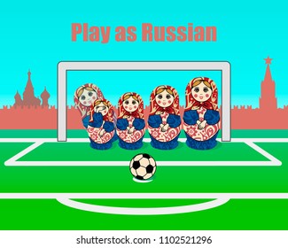 Russian nesting doll (matryoshka) play football. Vector illustration. 