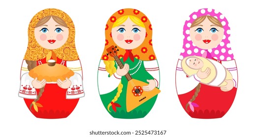 Muñeca rusa de anidación Matryoshka. Conjunto de Ilustraciones vectoriales aisladas