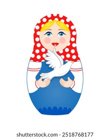 Muñeca rusa de anidación Matryoshka con una paloma blanca en sus manos. Ilustración vectorial aislada