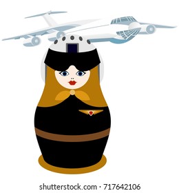 Russian nesting doll on the background of airplane pilot. The illustration on a white background.