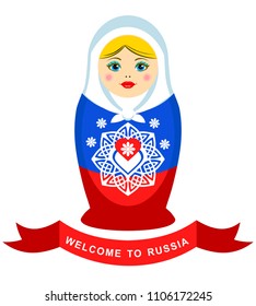 Russian nesting doll with ornamental heart element. Colors of Russian flag. Welcome to Russia.