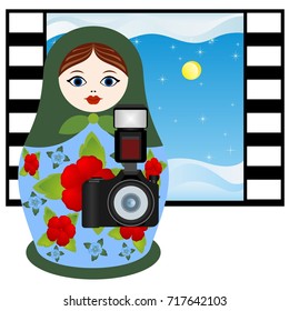 Russian nesting doll photographer with a camera on the background frame of film. The illustration on a white background.