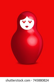 Russian nesting doll red matrioshka with eyes on the heart, 3D icon symbol of Russia, vector isolated or red background