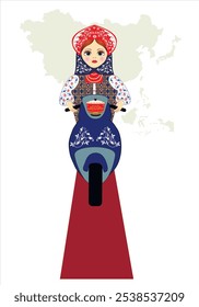 Muñeca rusa de anidación sentada al volante de una motocicleta. Antecedentes del mapa de Eurasia. Se llevan golosinas en la olla. Simboliza los viajes, la amistad de los pueblos, las culturas. Ilustración de Vector digital