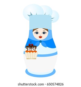 Russian nesting doll in the uniform of the cook-confectioner with cake. The illustration on a white background.