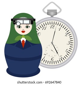 Russian nesting doll watchmaker on the background of a wristwatch. The illustration on a white background.