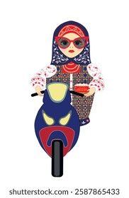 Russian nesting doll wearing glasses stands next to a motorcycle.
In one hand holds a souvenir, in the other - a motorcycle. Going on a trip. Carry food. Deliver gifts. A gift to friends. l Vector

