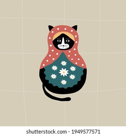 Russian nesting dolls. Cute matryohka cat. Traditions and culture of Russia. Russia travel vector illustration 