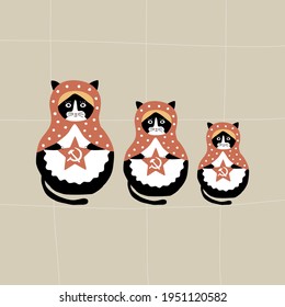 Russian nesting dolls. Cute matryoshka cats with red star and hammer and sickle. Traditions and culture of Russia. Russia travel vector illustration.
