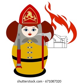 Russian nesting dolls firefighter with a hose and ax on the background of a burning house. The illustration on a white background.