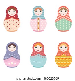 Russian nesting dolls isolated set of six - flat style vector illustration 