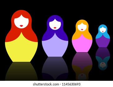 Russian nesting dolls matrioshka, set icon multi colored symbol of Russia with colors decoration , vector isolated or black background