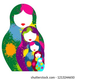 Russian nesting dolls matrioshka, set icon colorful symbol of Russia. Splatter colored style. vector isolated on white background