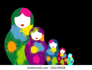 Russian nesting dolls matrioshka, set icon colorful symbol of Russia. Splatter colored style. vector isolated on black background