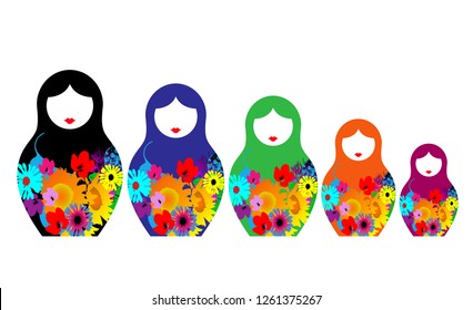 Russian nesting dolls matrioshka, set icon colorful symbol of Russia. Multi flowers colored style. vector isolated on white background