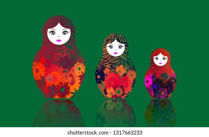 Russian nesting dolls matrioshka, set icon colorful symbol of Russia. Multi flowers colored style. vector isolated on green background