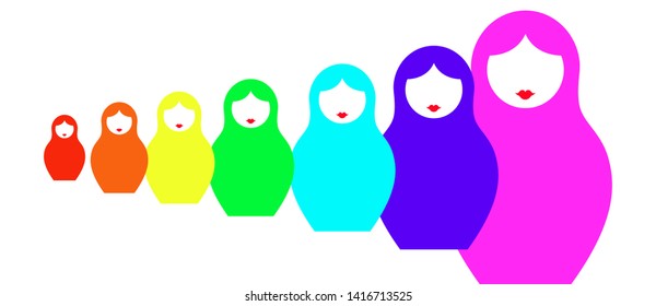 Russian nesting dolls matrioshka, set icon colorful symbol of Russia, rainbow color. Colorful set fashion style, vector isolated on white background