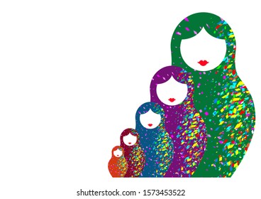 Russian nesting dolls matrioshka, set icon colorful symbol of Russia. Multi colored style with copy space, vector isolated on white background