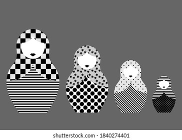 Russian nesting dolls matrioshka, set icon symbol of Russia, geometric pattern in black and white style, vector isolated on grey background 