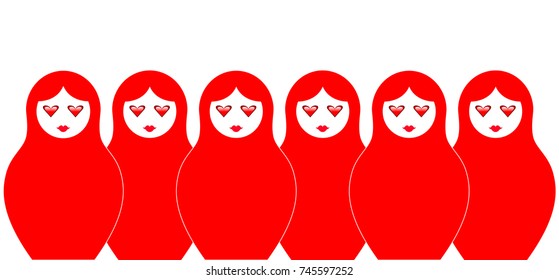 Russian nesting dolls matrioshka, set icon red symbol of Russia with eyes on the heart , vector isolated or white background