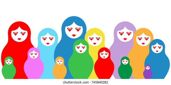 Russian nesting dolls matrioshka, set icon multi colored symbol of Russia with eyes on the heart , vector isolated or white background