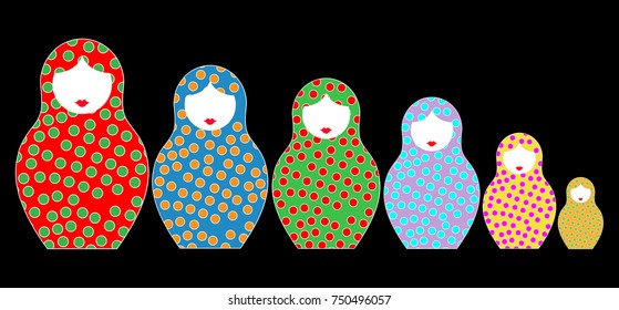 Russian nesting dolls matrioshka, set icon colorful symbol of Russia, vector isolated or black background