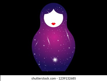 Russian nesting dolls matrioshka, toy icon colorful symbol of Russia decorated representation of the universe with bright stars for Christmas and for New Year. Vector isolated or black background 