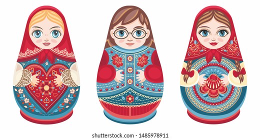 Russian nesting dolls Matryoshka. Babushka doll. Matryoshkas family vector.Russian doll. Matrioshka isolated.Matryoshka set family.Russian Matryoshka stacking dolls. Russian doll set isolated. Kokeshi