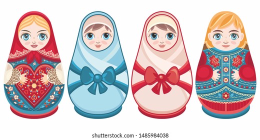 Russian nesting dolls Matryoshka. Babushka doll Matryoshkas family vector Russian doll  Matrioshka isolated Matryoshka set family Russian Matryoshka stacking dolls Russian doll set isolated Kokeshi