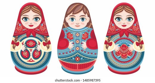 Russian nesting dolls Matryoshka. Babushka doll. Matryoshkas family vector. Russian doll. Matrioshka isolated. Matryoshka set family. Russian Matryoshka stacking dolls. Russian doll isolated. Kokeshi
