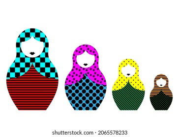 Russian nesting dolls Matryoshka. Babushka doll. Matryoshka set family with colorful modern ornament, vector illustration, isolated or white background