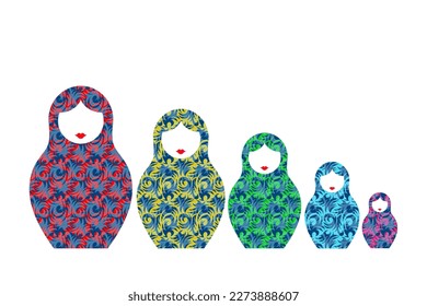 Russian nesting dolls Matryoshka. Babushka doll. Matryoshka set family with colorful floral modern ornament, vector illustration isolated or white background