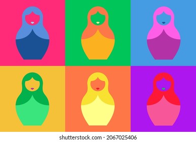 Muñecas rusas de anidación Matryoshka. Colorido estilo de arte pop. Familia de muñecos Babushka con colores vibrantes modernos adornos, ilustración vectorial aislada o fondo multicolor