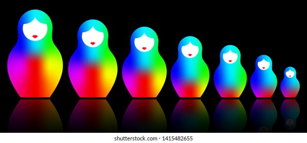 Russian nesting dolls matryoshka, set icon colorful symbol of Russia, rainbow color gradient spectral colored fashion style, vector isolated on black background