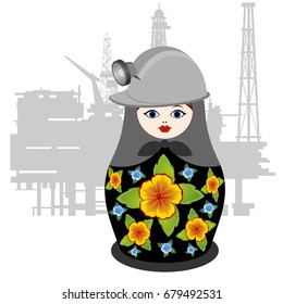 Russian nesting dolls on the background of a petroleum production platform. The illustration on a white background.