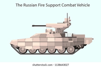 The Russian new Fire Support Combat Vehicle. A Robotic war armored fighting vehicle. Right side of the object.
