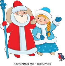 Personajes del año nuevo ruso: Santa Claus y la criada de nieve. En el estilo de dibujos animados de los niños, sonríen y ondean.