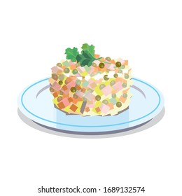 Russian new year salad with mayonnaise, Olivier. Winter salad. Vector illustration