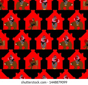 Russian Nuclear weapons background. Russian bear and bomb pattern seamless. Beast and rocket. National texture
