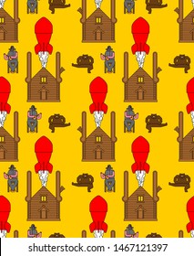 Russian Nuclear weapons background. Russian bear and bomb pattern seamless. Beast and rocket. National texture