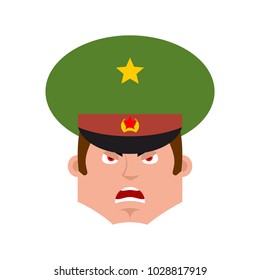 Russian Officer angry emoji. Soldier evil emotions avatar. aggressive Military in Russia. Illustration for 23 February. Defender of Fatherland Day. Army holiday for Russian Federation