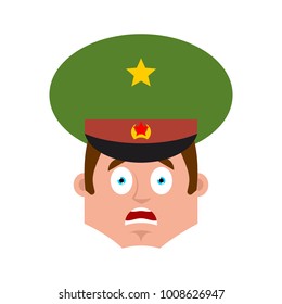 Russian Officer scared OMG emoji. Soldier Oh my God emotion avatar. Frightened Military in Russia. Illustration for 23 February. Defender of Fatherland Day. Army holiday for Russian Federation